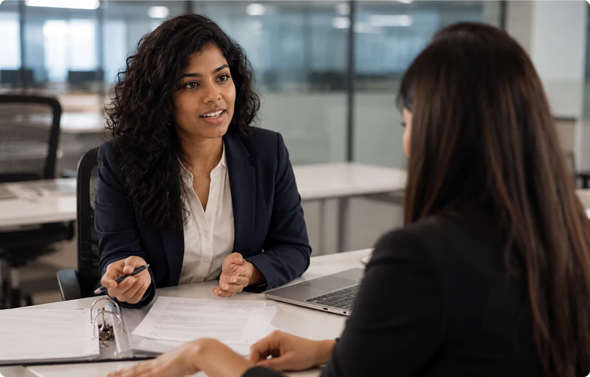 Banking professionals discussing workforce policies and documents at a branch office desk