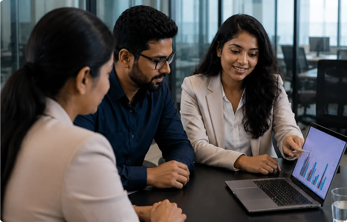 Banking professionals reviewing workforce reports and analytics on a laptop in a modern office
