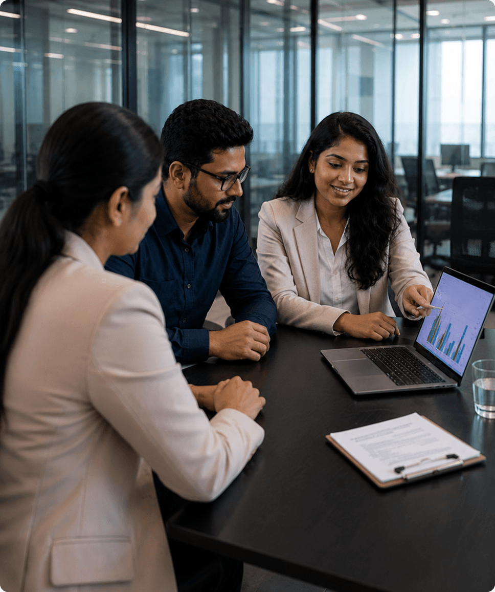 Banking professionals reviewing workforce reports and analytics on a laptop in a modern office