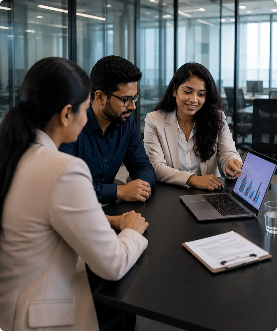 Banking professionals reviewing workforce reports and analytics on a laptop in a modern office