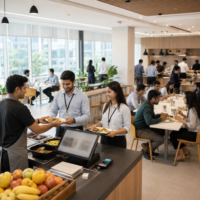 Employees being served meals at a corporate canteen counter with a point-of-sale terminal