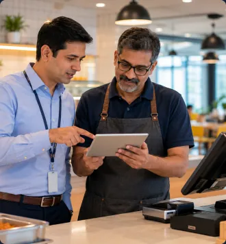 Business leaders reviewing canteen billing and meal usage data on a tablet at a service counter