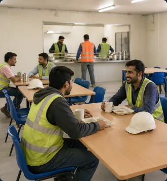 Workers in high-visibility vests eating meals together in an on-site canteen