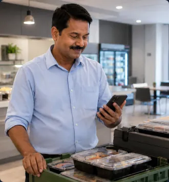 Canteen vendor checking meal demand updates on a smartphone beside prepared meal containers