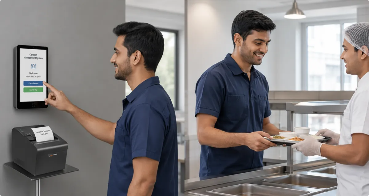 Canteen staff using a wall-mounted meal management terminal and receiving a meal tray at a serving counter