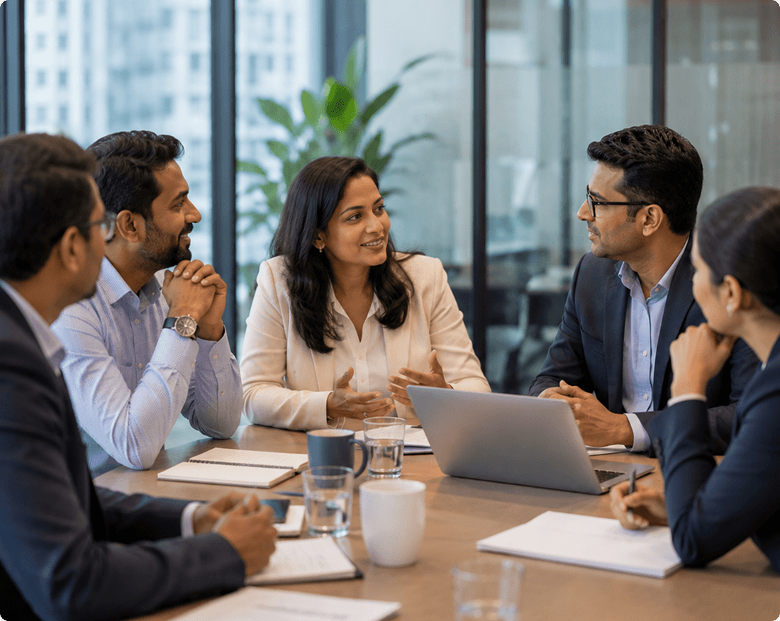 Eilisys team members collaborating in a meeting around a conference table