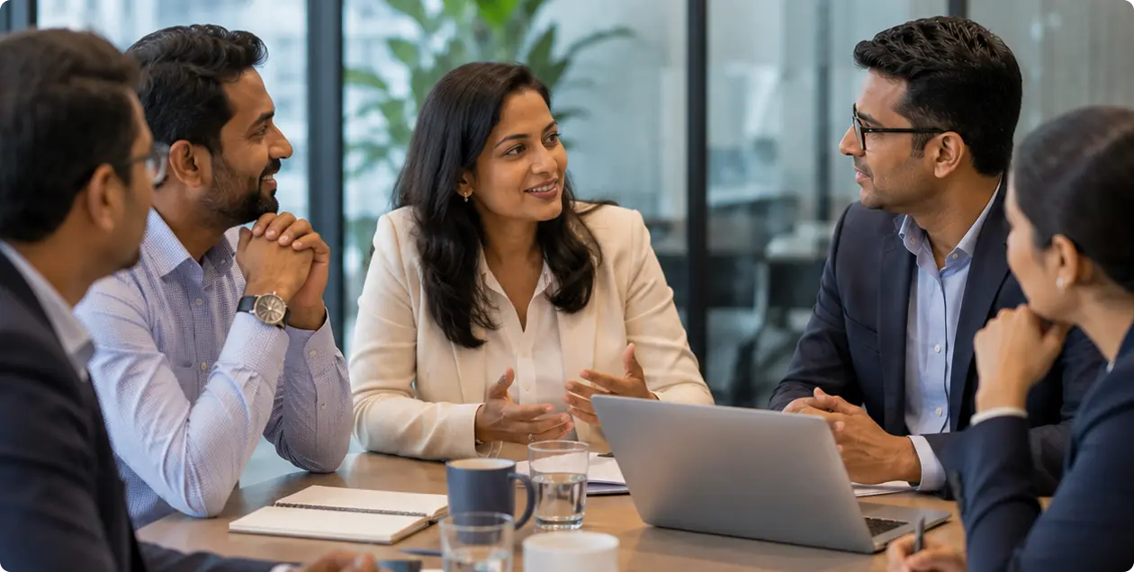 Eilisys team members collaborating in a meeting around a conference table