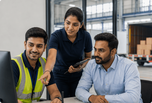 Operations team collaborating around a laptop on the shop floor
