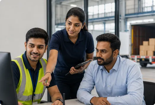 Operations team collaborating around a laptop on the shop floor