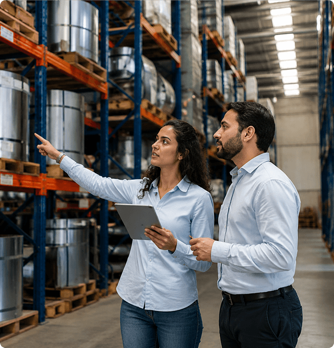 Two warehouse supervisors reviewing inventory on a tablet beside storage racks