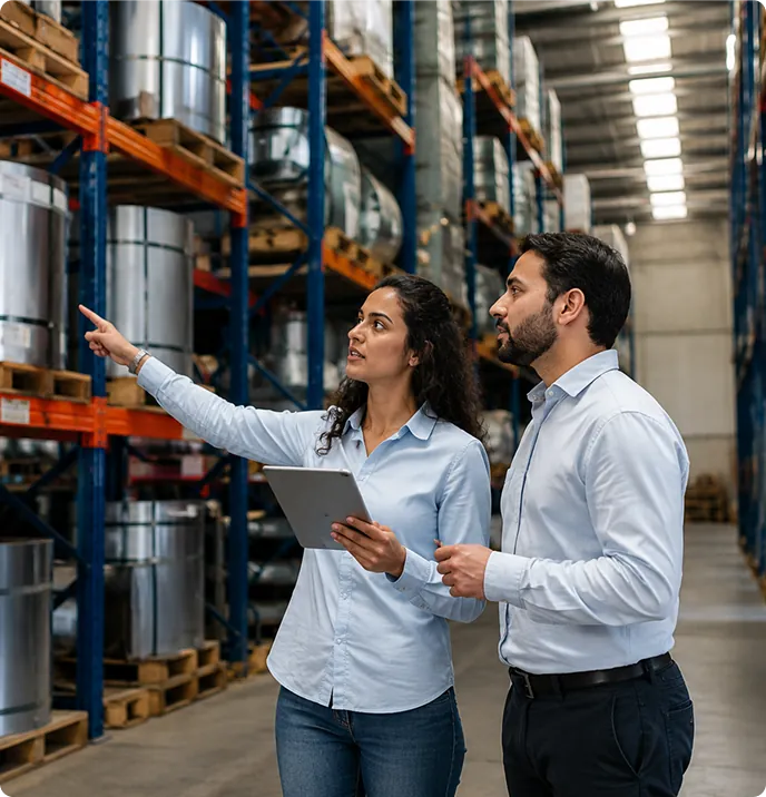 Two warehouse supervisors reviewing inventory on a tablet beside storage racks