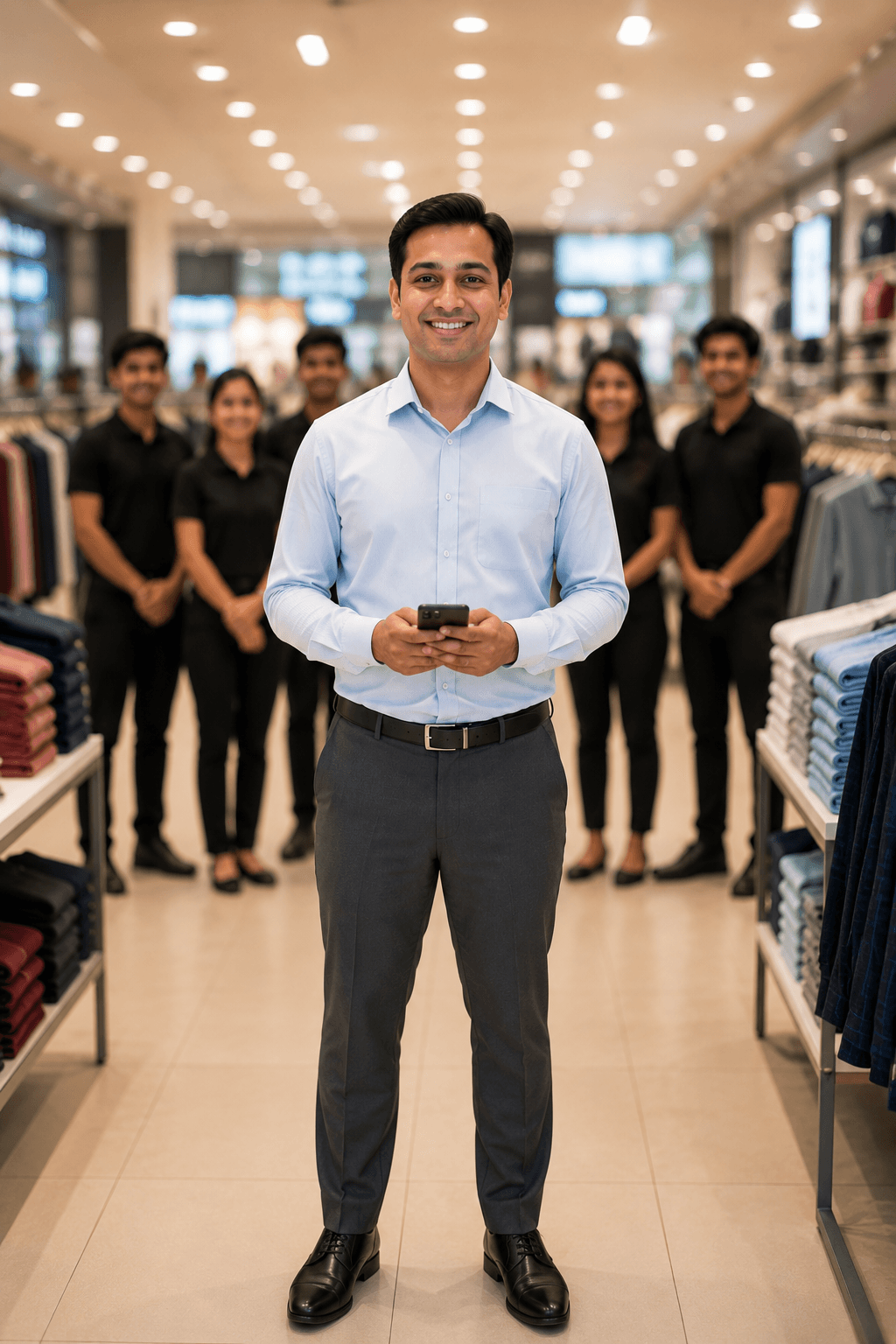 Retail manager holding a smartphone with team members standing behind him in a store