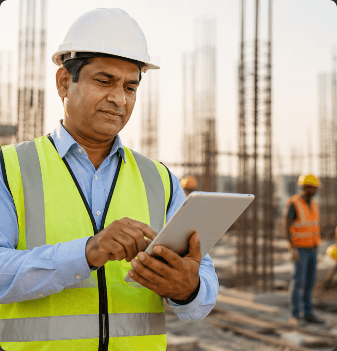 Construction supervisor in a hard hat reviewing probation assessment details on a tablet at a job site