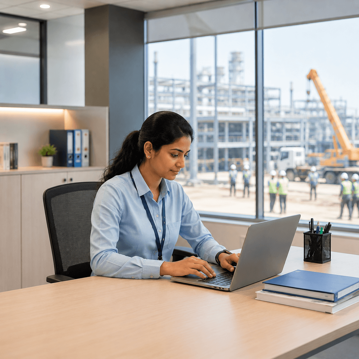 HR professional using a laptop at a desk with an industrial plant visible through the window