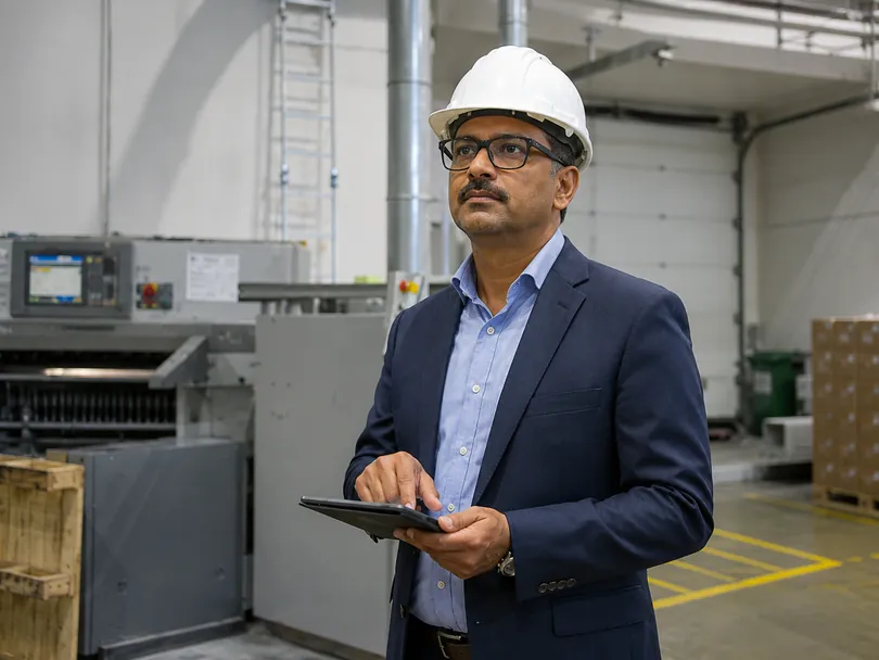 Facility administrator in a hard hat holding a tablet on site