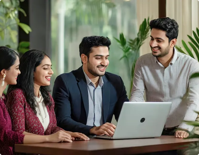 Employees collaborating around a laptop in a bright office workspace