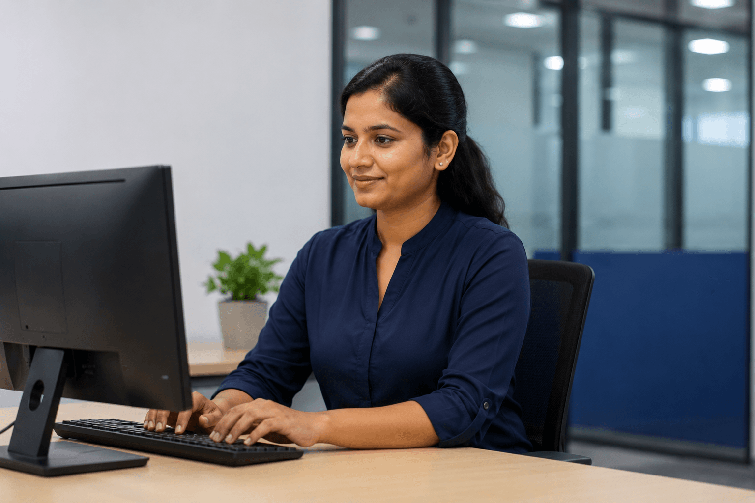 HR professional working at a desk with a computer