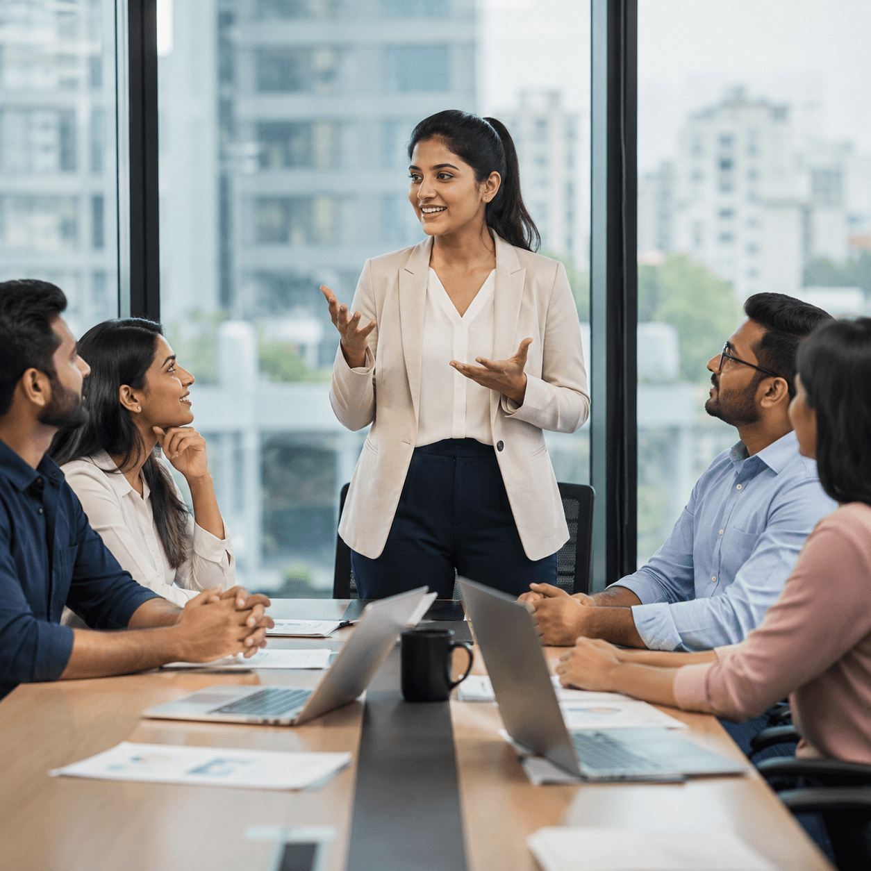 Leadership team in a meeting room reviewing workplace operations