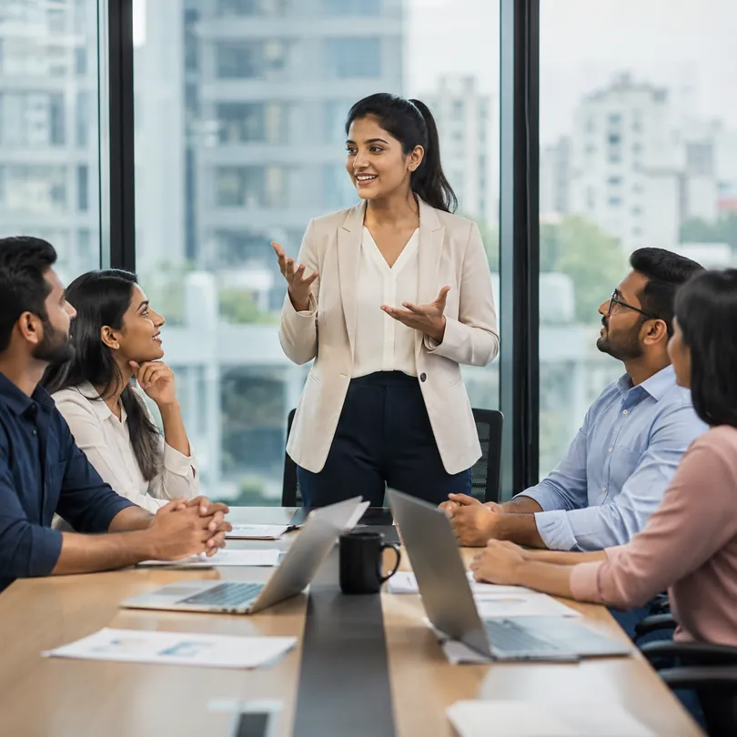 Leadership team in a meeting room reviewing workplace operations