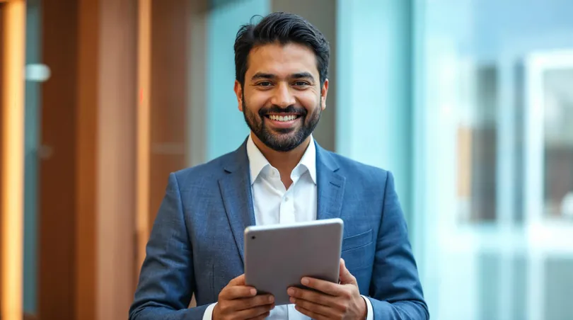 Manager in a blue blazer holding a tablet in an office