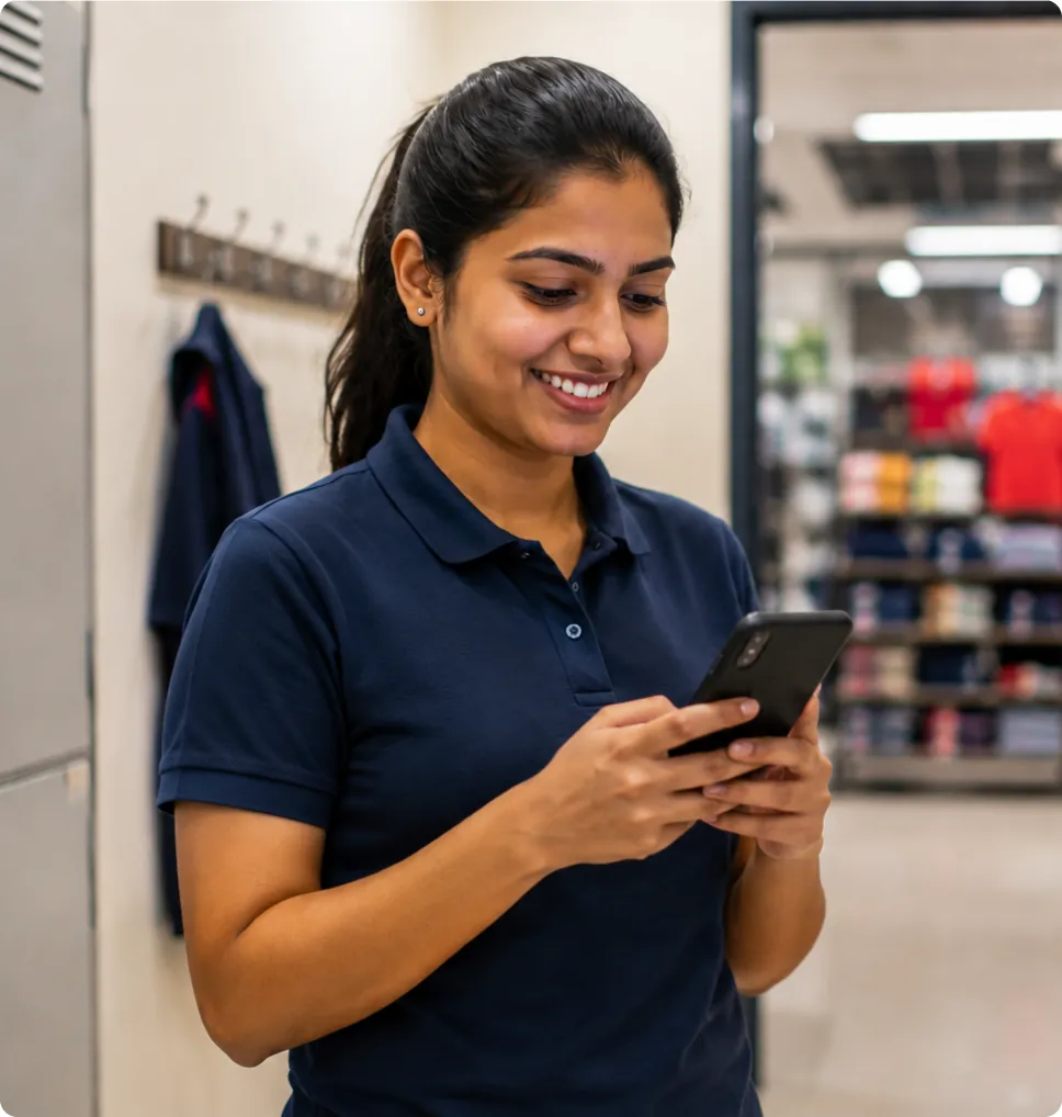 Employee using a smartphone to complete pre-joining tasks in a workplace setting