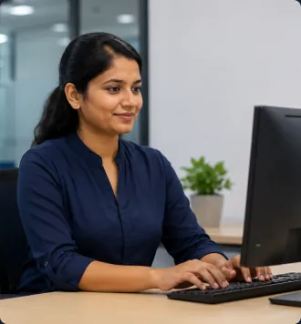 HR professional working at a desk in a bright office environment