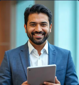 Manager holding a tablet while reviewing employee requests in an office setting