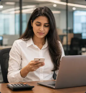 Payroll professional reviewing payroll information on a smartphone at her desk