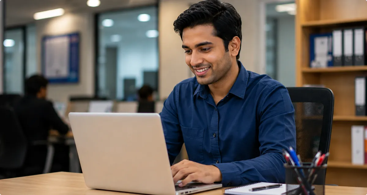 Professional using a laptop in a modern office environment