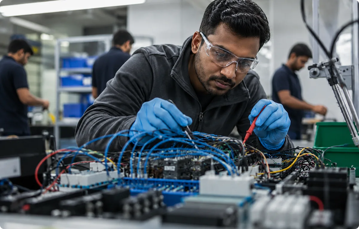 Engineer in safety glasses and blue gloves testing electrical wiring on an industrial control panel