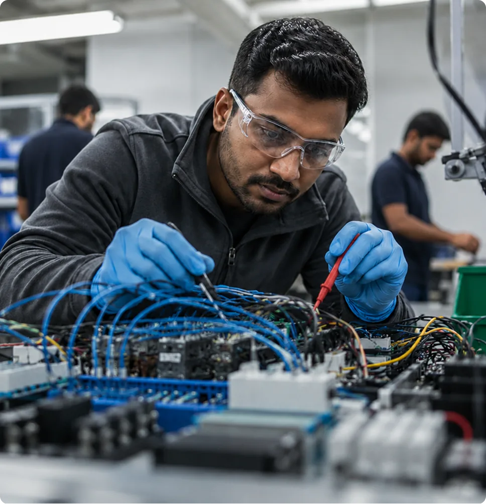 Engineer in safety glasses and blue gloves testing electrical wiring on an industrial control panel