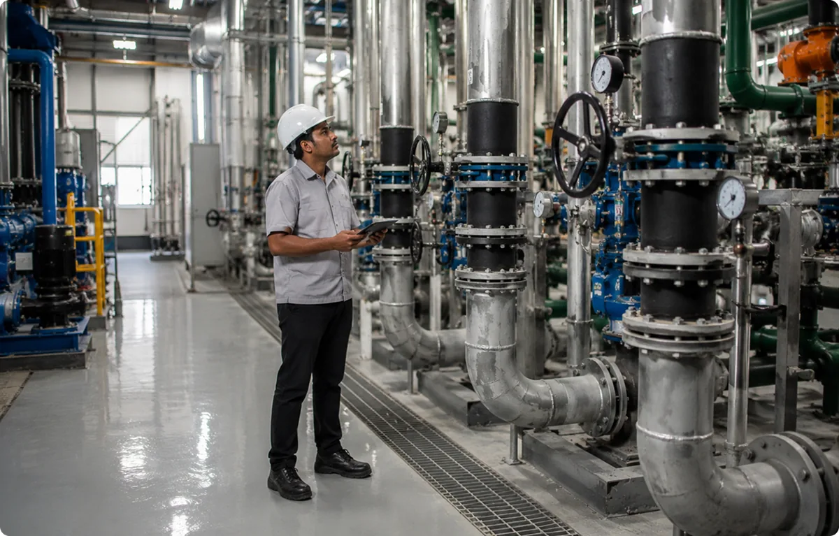 Engineer in a white hard hat reviewing workforce reports on a tablet beside industrial piping in a plant