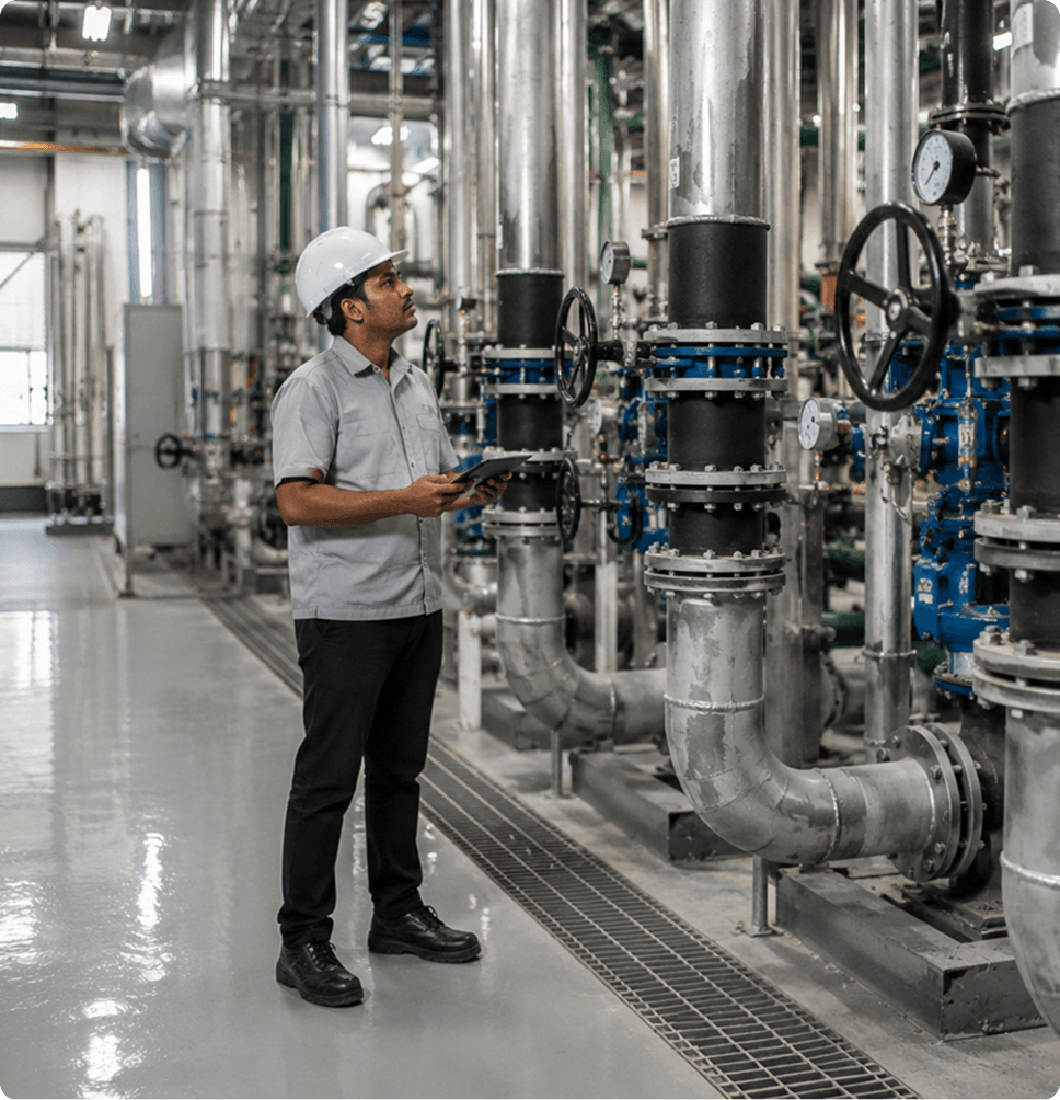 Engineer in a white hard hat reviewing workforce reports on a tablet beside industrial piping in a plant