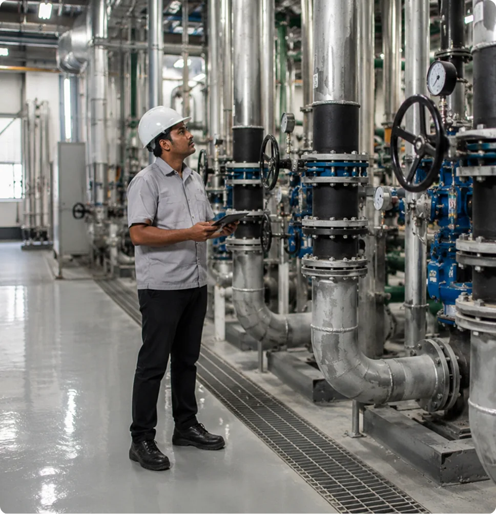 Engineer in a white hard hat reviewing workforce reports on a tablet beside industrial piping in a plant