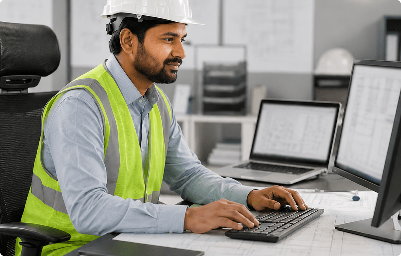 EPC engineer in a hard hat and safety vest reviewing workforce data at a desk with project blueprints