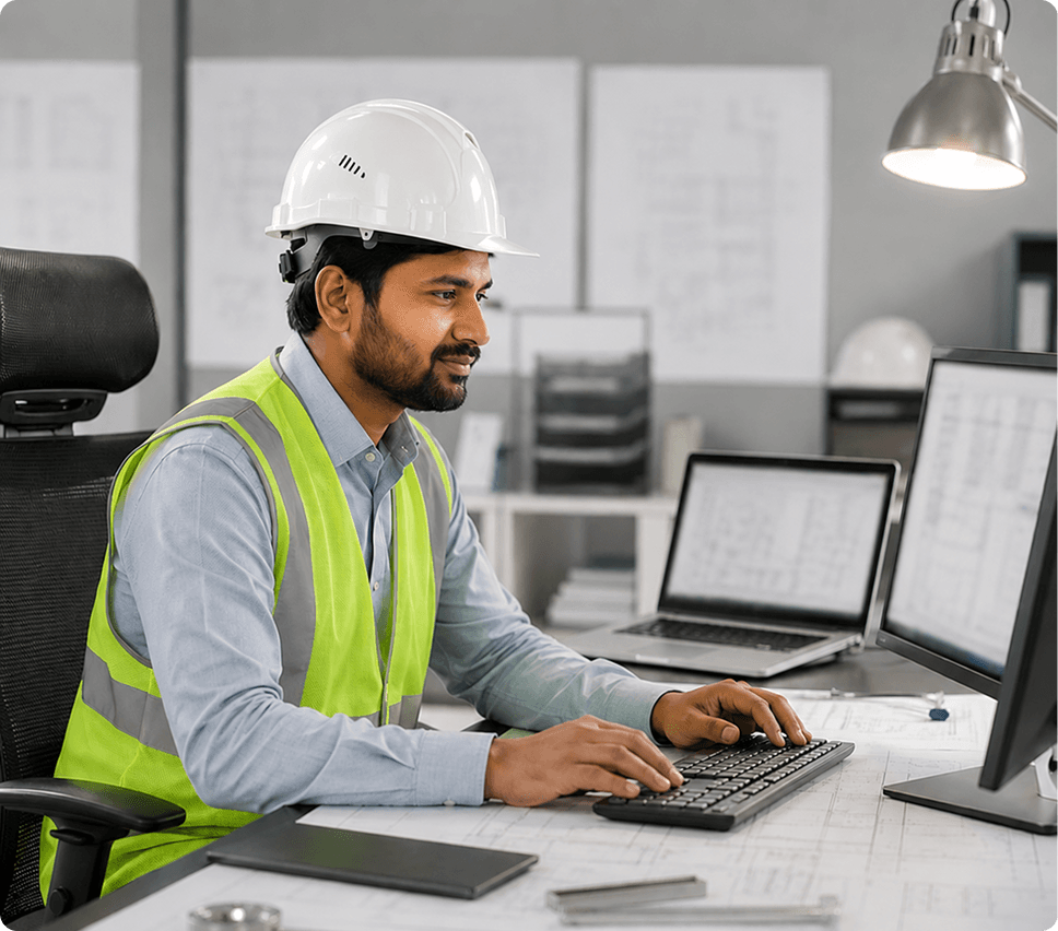 EPC engineer in a hard hat and safety vest reviewing workforce data at a desk with project blueprints