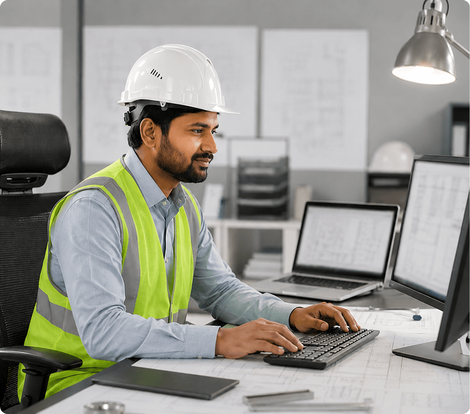 EPC engineer in a hard hat and safety vest reviewing workforce data at a desk with project blueprints
