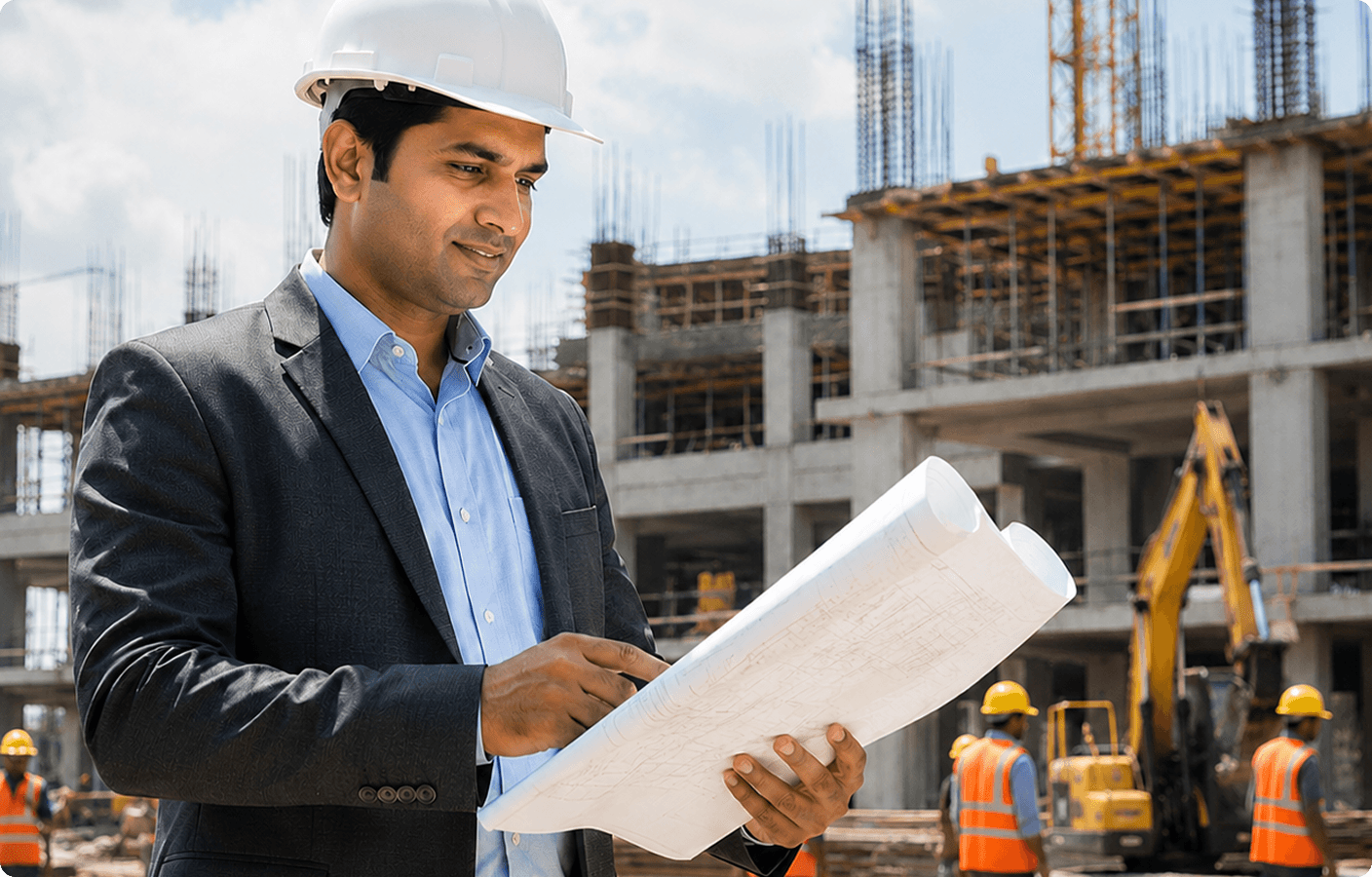 Site manager in a hard hat reviewing blueprints at a construction project site