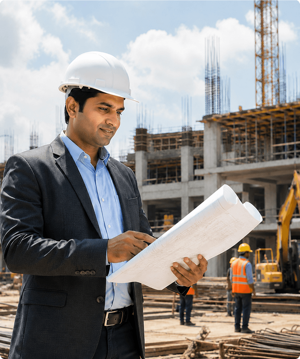 Site manager in a hard hat reviewing blueprints at a construction project site