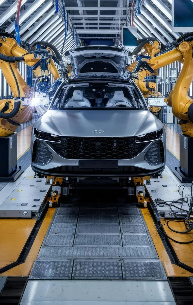 Robotic arms assembling a vehicle on an automobile production line