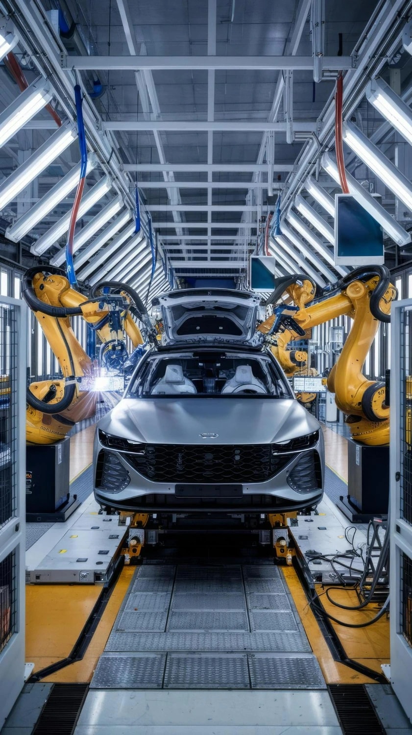 Robotic arms assembling a vehicle on an automobile production line