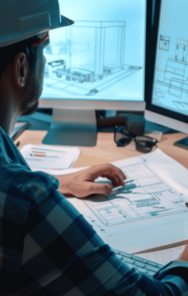 Engineer in a hard hat reviewing architectural blueprints and 3D CAD models on computer monitors