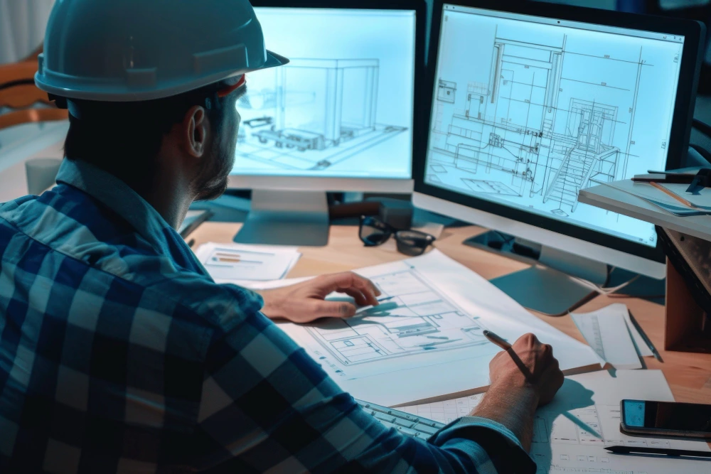 Engineer in a hard hat reviewing architectural blueprints and 3D CAD models on computer monitors