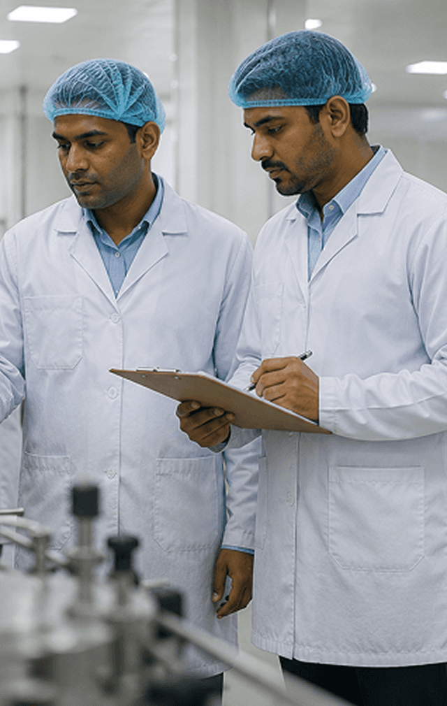 Pharmaceutical workers in lab coats inspecting production equipment in a clean facility