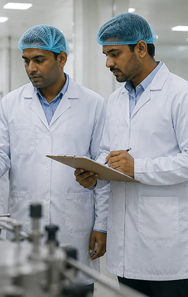 Pharmaceutical workers in lab coats inspecting production equipment in a clean facility