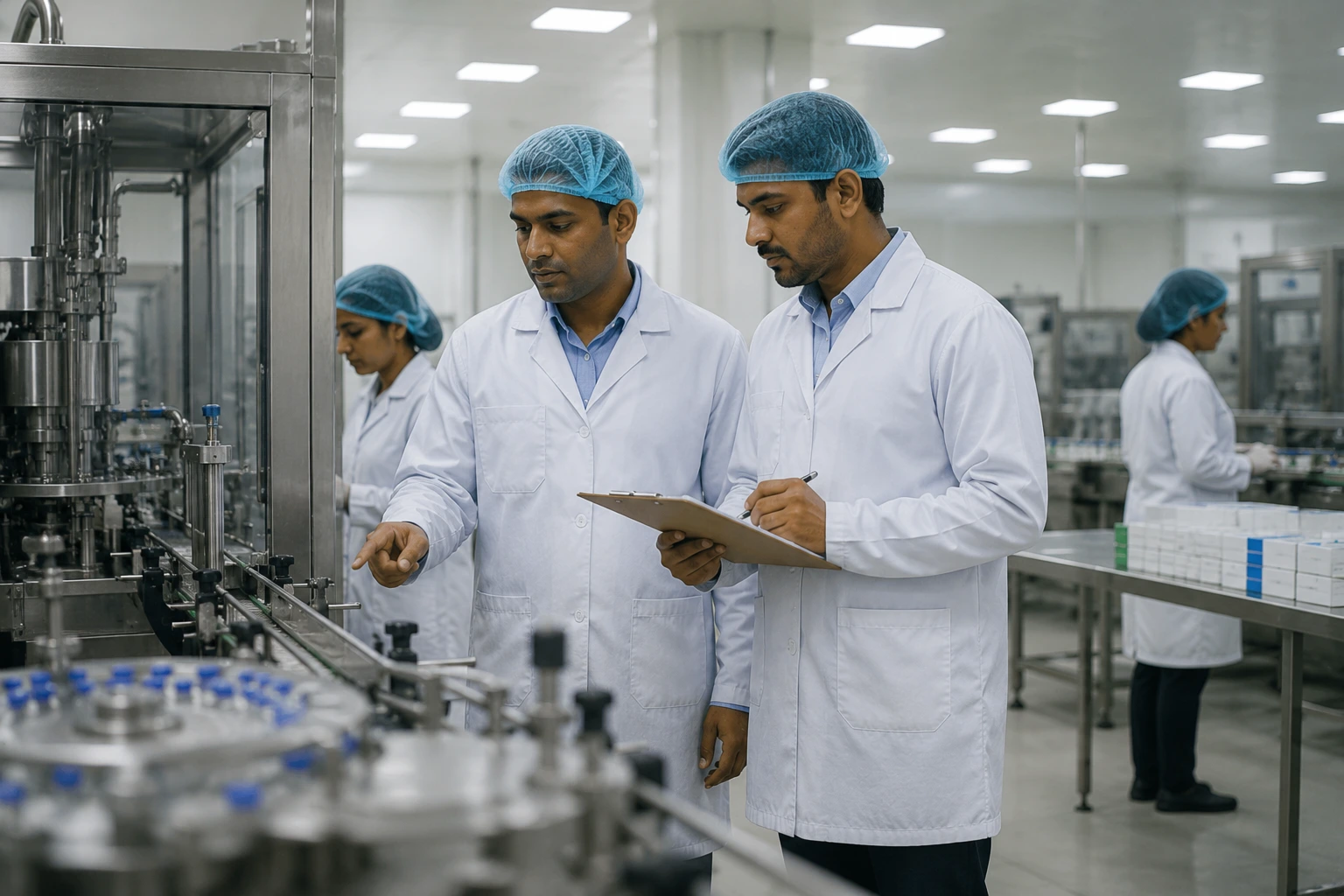 Pharmaceutical workers in lab coats inspecting production equipment in a clean facility