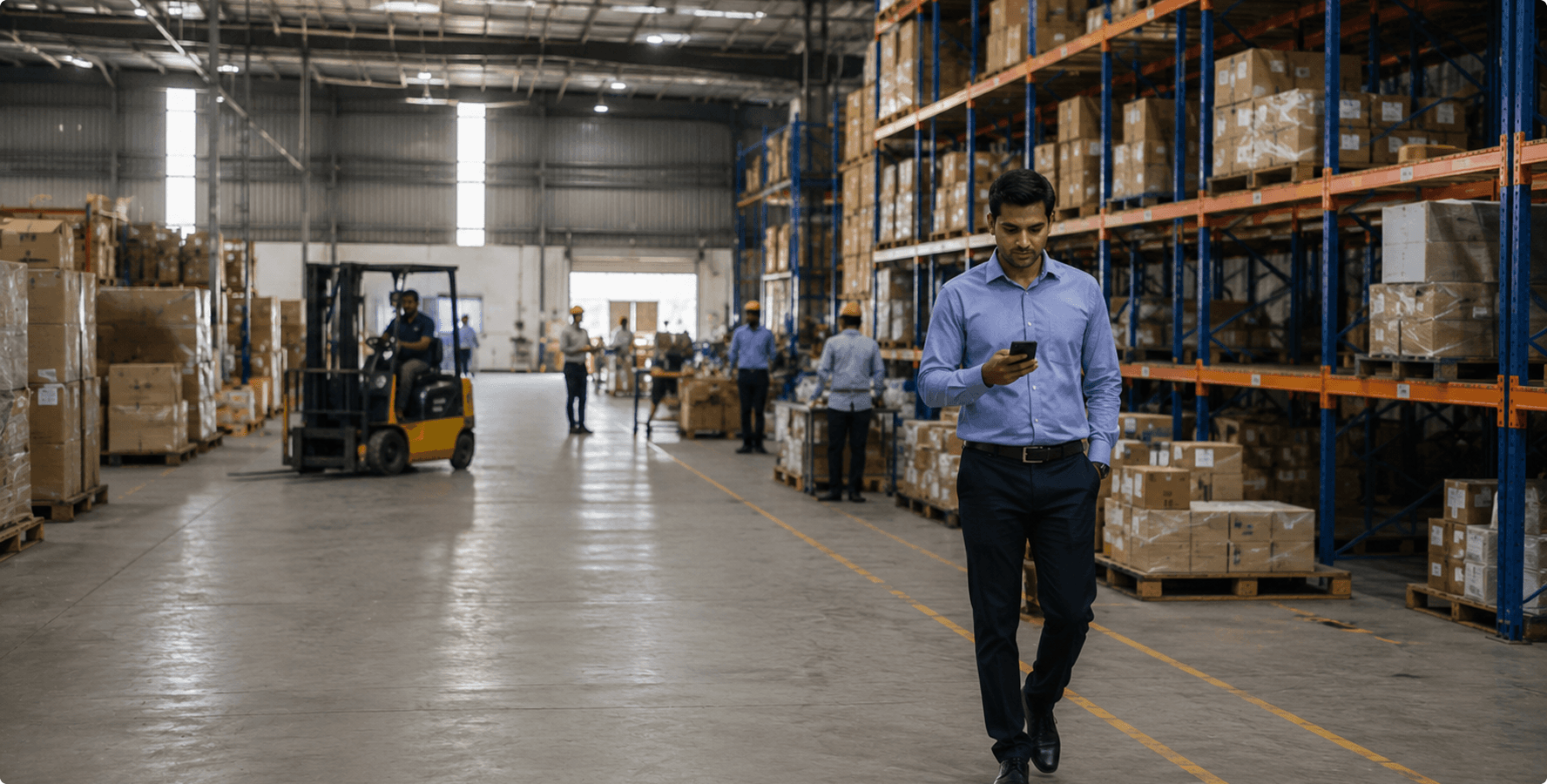 Warehouse manager using a smartphone to oversee workforce operations
