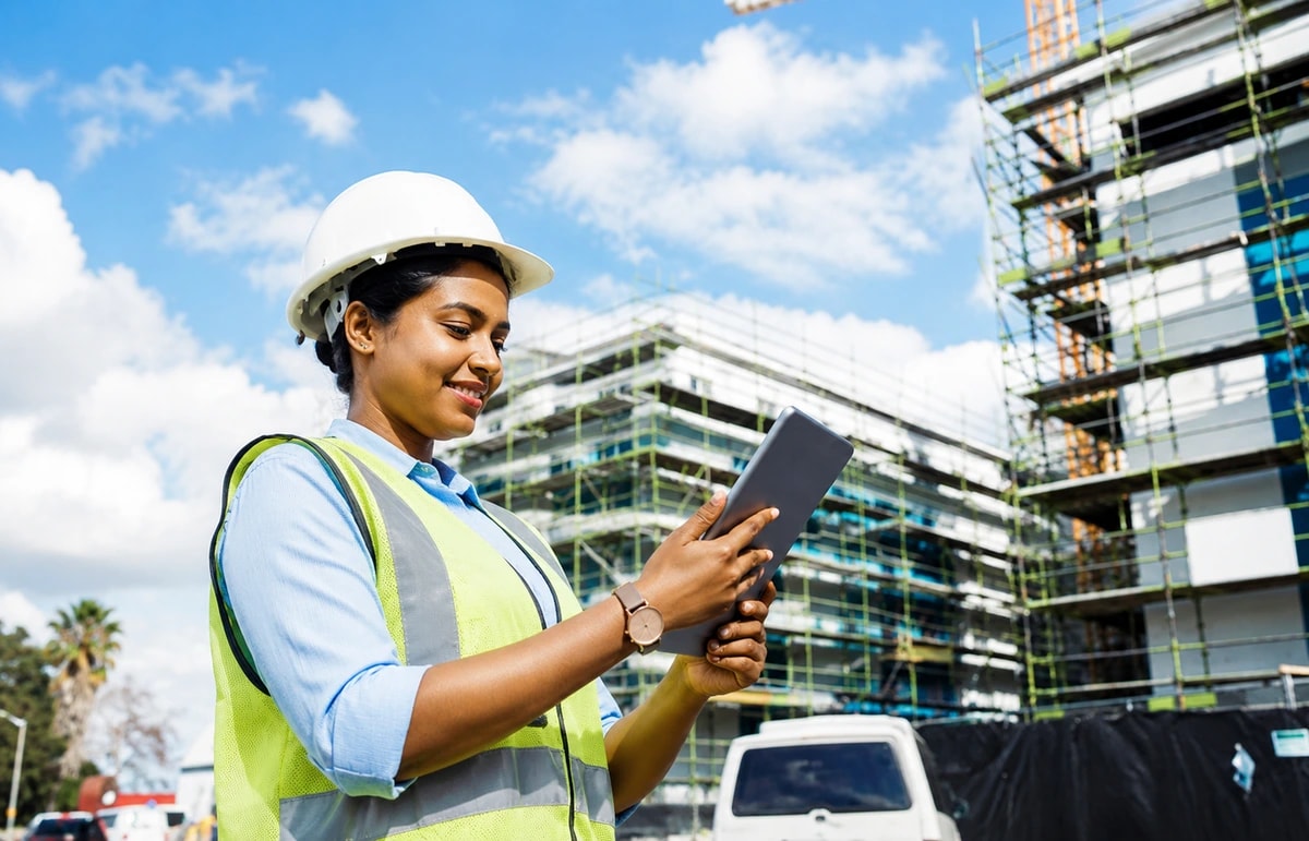 Professional in safety gear using a tablet at a construction site
