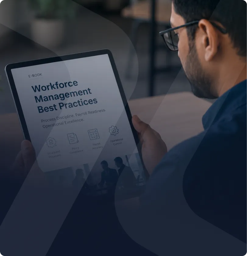Professional reviewing workforce management best practices on a tablet