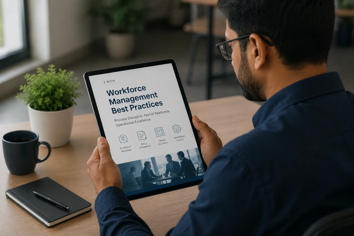 Professional reviewing workforce management best practices on a tablet